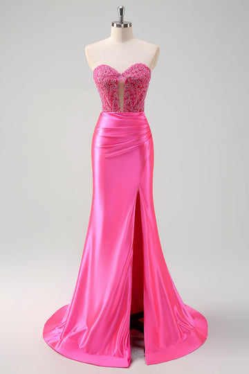 Fucsia Sweetheart Mermaid Satin Corsetto Lungo Prom Dress con Appliques